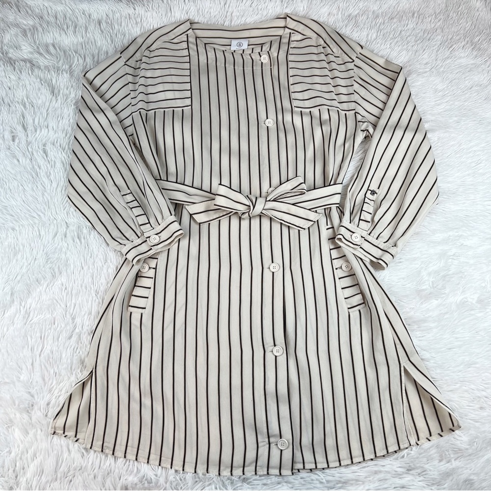 Bogner Alissa Eggshell Stripe Long Sleeve shirt Dress tie waist button front - Picture 2 of 12